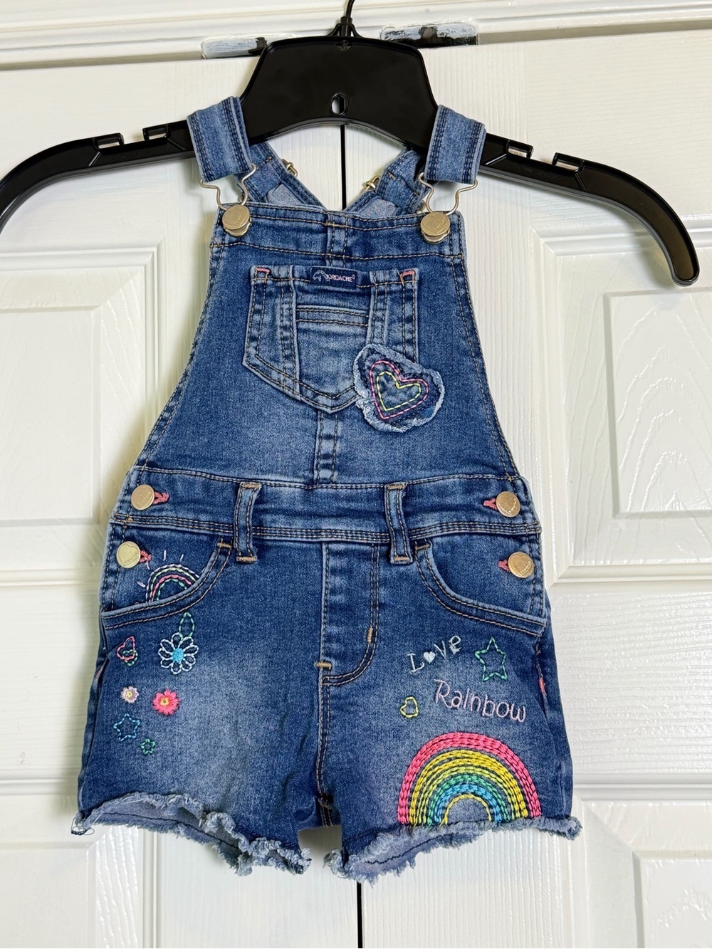 Jordache Blue Denim Girls Rainbow Embroidered Short Overalls